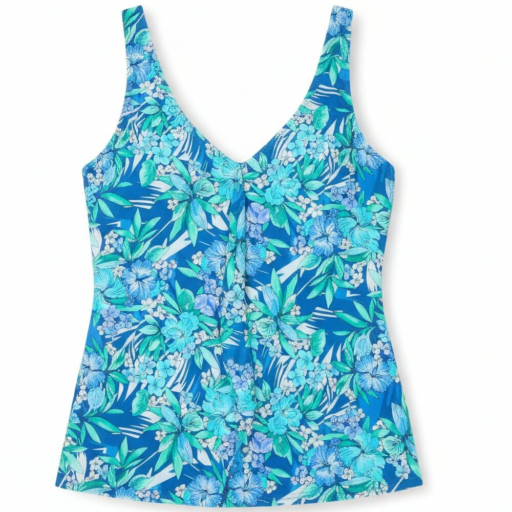 Fit 4 U Blue Floral Tankini Top Mesh Overlay Handkerchief Hem Size 8 New